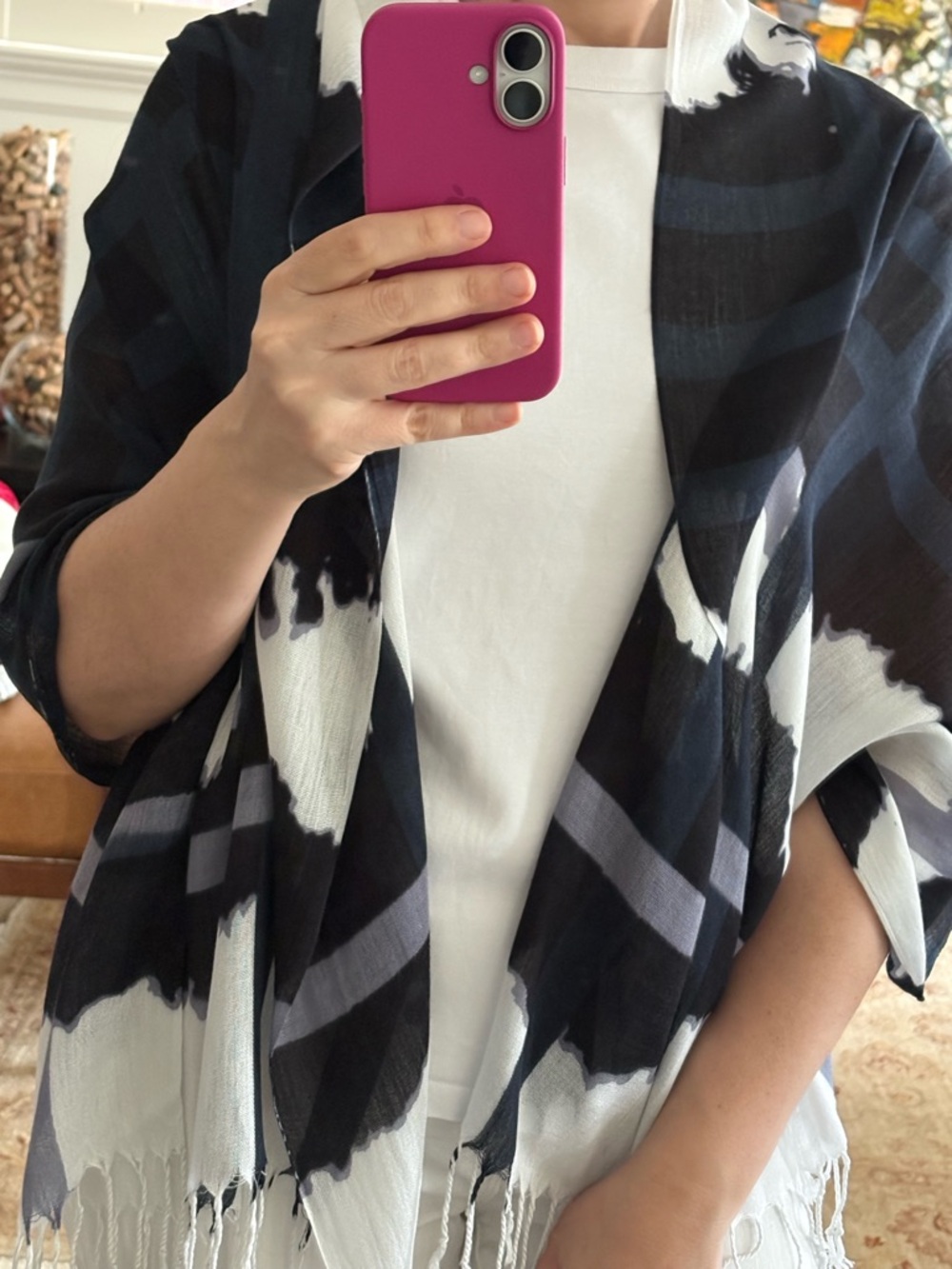 Black and White Patterned Fringe Kimono Wrap